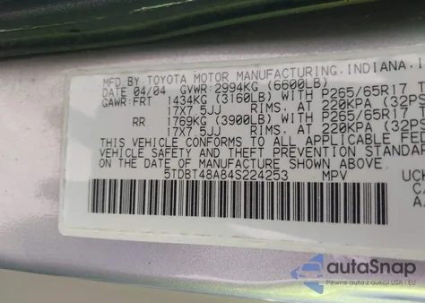 2004 Toyota Sequoia Limited V8 из США, поврежденный, VIN 5TDBT48A84S224253